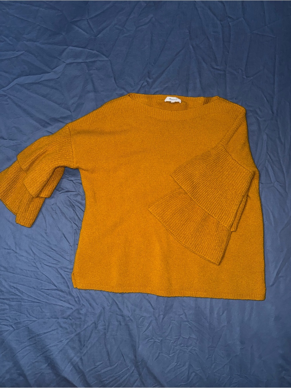 Madewell Mustard Tiered Ruffle Sleeve Crewneck Sweater